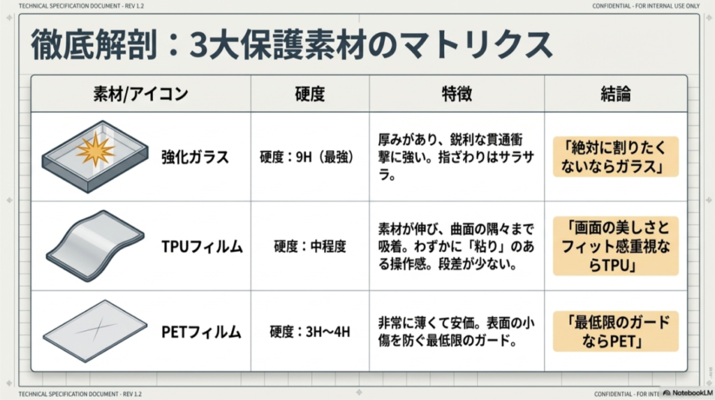 強化ガラス(9H)、TPUフィルム、PETフィルムの硬度、特徴、推奨用途をまとめた比較表。