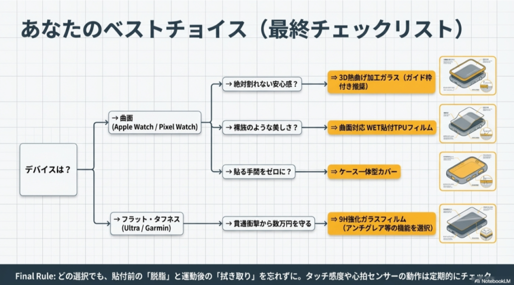 デバイス形状や重視するポイント（安心感、美しさ、手間）から最適な製品を導き出すフローチャート。