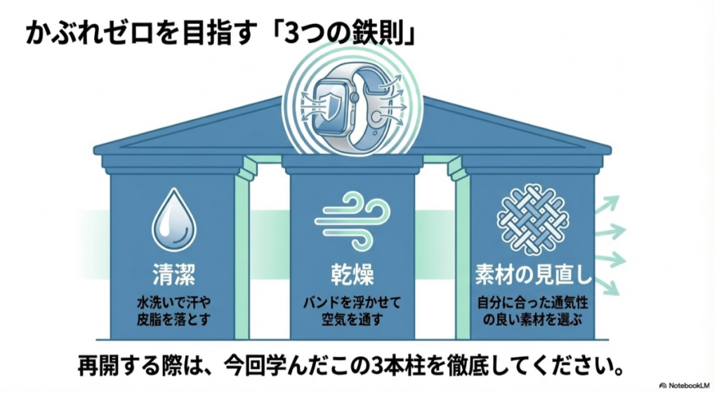 「清潔（水洗い）」「乾燥（空気に晒す）」「素材の見直し（通気性）」の3本の柱をイメージした図解。