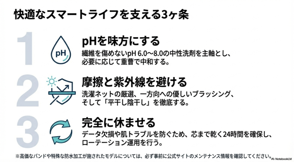 中性洗剤の使用、摩擦と紫外線の回避、24時間乾燥とローテーションの3つの重要ポイントをまとめた最終スライド。