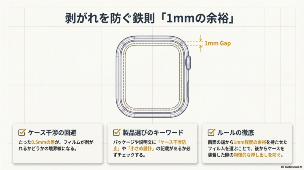 フィルムとケースの干渉を避けるため、端から1mmの余裕を持たせる設計の重要性を解説。