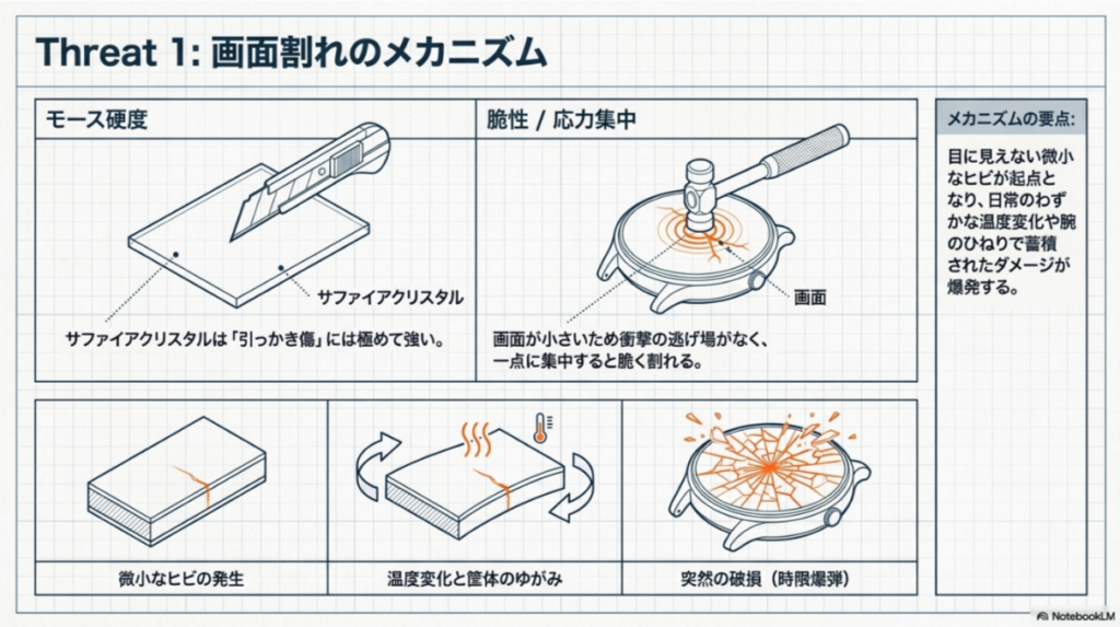 サファイアクリスタルが傷には強いが衝撃には脆いこと、微小なヒビが温度変化や歪みで拡大し突然の破損を招くプロセスを図解したイラスト。