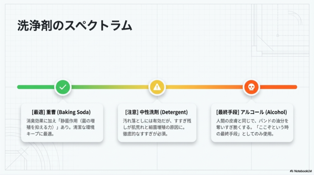 静菌作用のある重曹（最適）、すすぎ残しに注意が必要な中性洗剤、素材を傷める可能性があるため最終手段とするアルコールの特徴を比較した図。