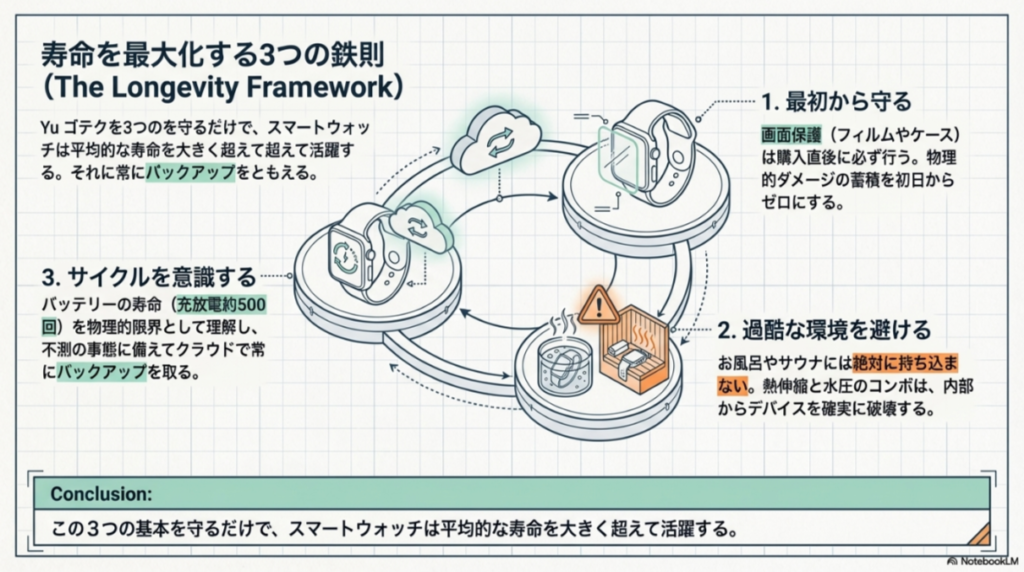 「最初から守る」「過酷な環境を避ける」「サイクルを意識する」の3点を軸に、デバイスの寿命を最大化するフレームワークのまとめ図。