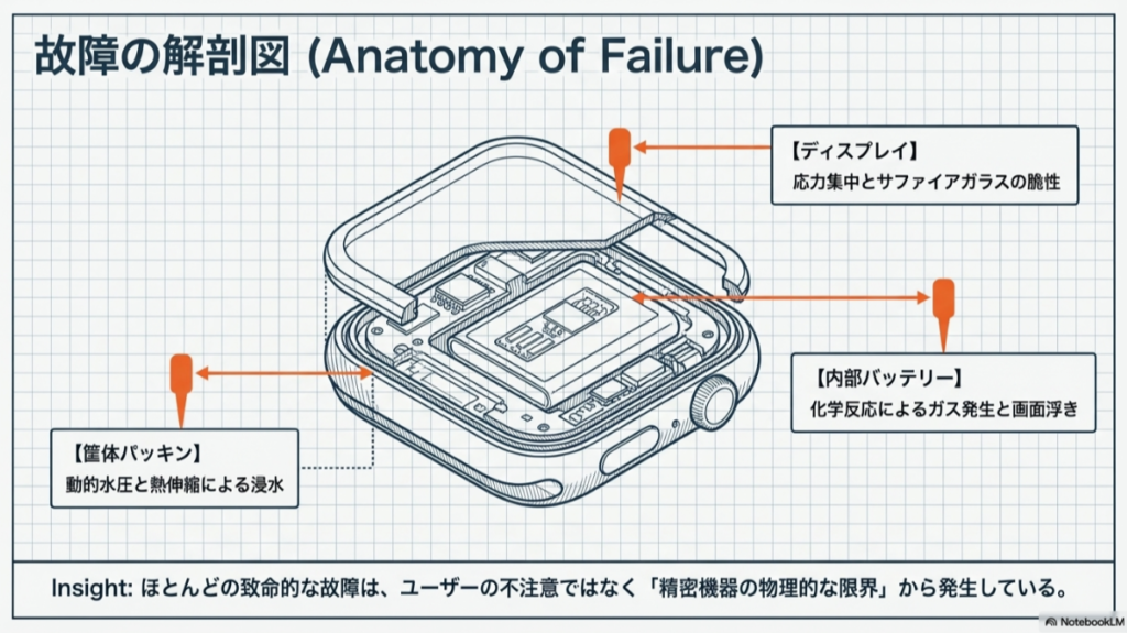 スマートウォッチの内部構造図。ディスプレイ（脆性）、筐体パッキン（浸水）、内部バッテリー（ガス発生）の3箇所が故障の主要原因であることを説明。