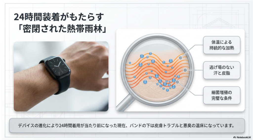 スマートウォッチを24時間装着することで、体温による加熱と汗・皮脂の逃げ場がなくなり、細菌増殖に最適な「密閉された熱帯雨林」のような状態になることを示す図解。