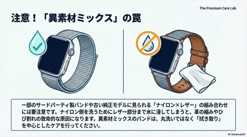 ナイロンとレザーが組み合わさったバンドは丸洗いせず、レザー部分を避けて拭き取りケアを推奨するイラスト。
