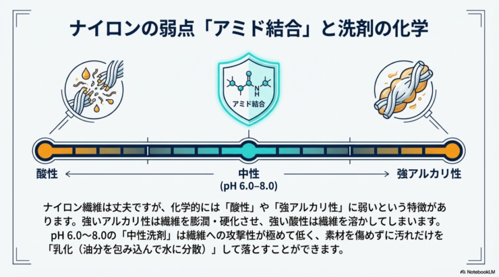 ナイロンが酸性や強アルカリ性に弱く、pH6.0〜8.0の中性洗剤が最も安全であることを示すpHスケールの図。