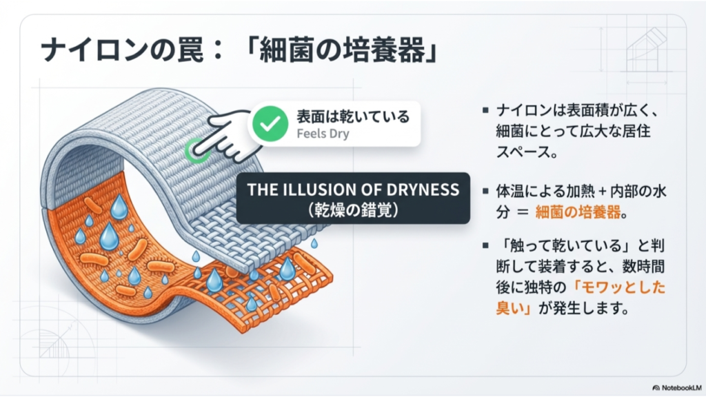 ナイロンは表面が乾いているように感じても（Feels Dry）、内部には体温で加熱された水分と細菌が残り、培養器のような状態になっていることを示す解説図。
