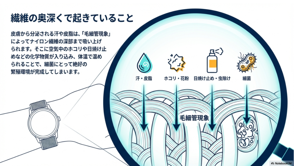 ナイロン繊維の編み目に汗や皮脂、ホコリなどが毛細管現象によって吸い上げられ、細菌の繁殖環境ができる様子を示した模式図。