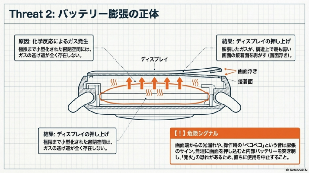 バッテリーから発生したガスが逃げ場を失い、最も弱いディスプレイの接着面を剥がして画面を浮かせてしまう仕組みと、発火の危険性に関する警告。