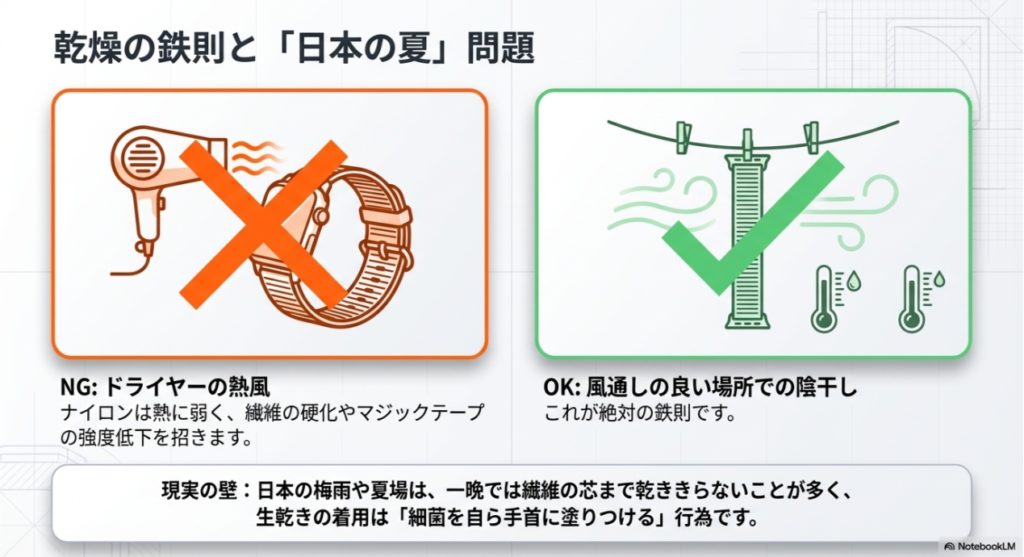 ドライヤーの熱風はNGとし、風通しの良い場所での陰干しを推奨する図。日本の夏場は一晩で乾ききらない「生乾きのリスク」についても言及。