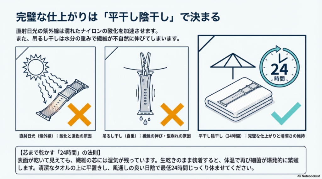 直射日光や吊るし干しを避け、タオルの上で24時間平干しすることで酸化や伸びを防ぐ手順を示す図。