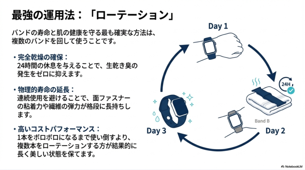 3本のバンドを日替わりで使い回すことで、完全乾燥と物理的寿命の延長を両立させるサイクル図。