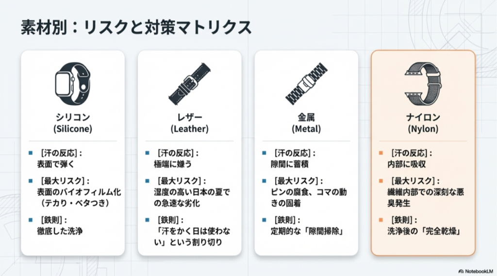 シリコン、レザー、金属、ナイロンの各素材について、汗への反応、最大のリスク、お手入れの鉄則をまとめた比較表。
