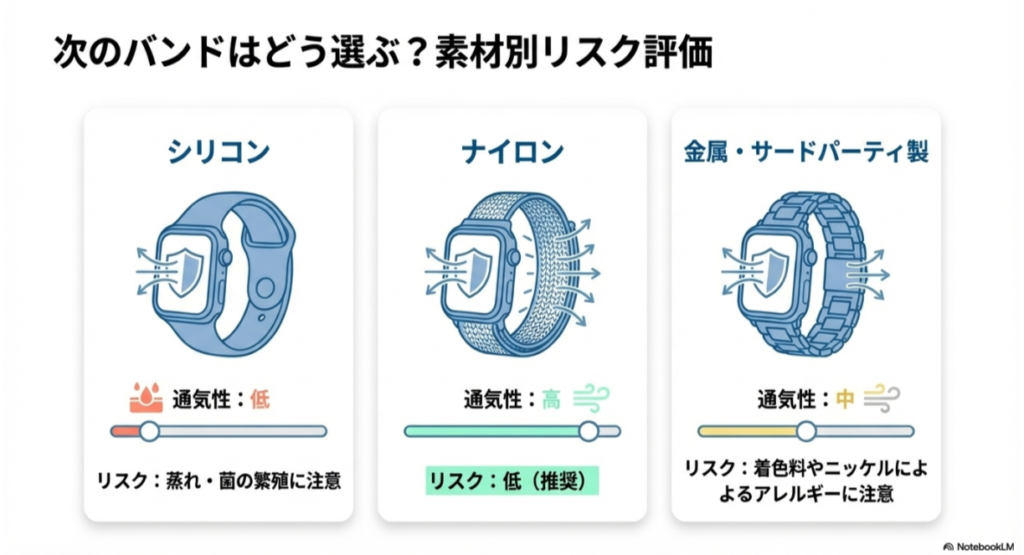 シリコン（通気性低）、ナイロン（通気性高）、金属（アレルギー注意）の3種類の素材を比較したイラスト。