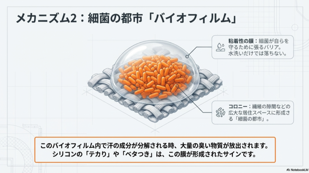 細菌が自らを守るために張る粘着性の膜（バイオフィルム）と、繊維の隙間に形成される細菌のコロニーの図解。水洗いだけでは落ちない汚れの正体を説明。