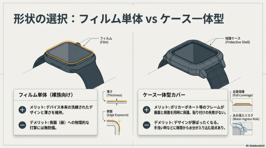 デバイスのデザインを維持するフィルム単体と、側面まで守るが厚みが出るケース一体型の比較図。