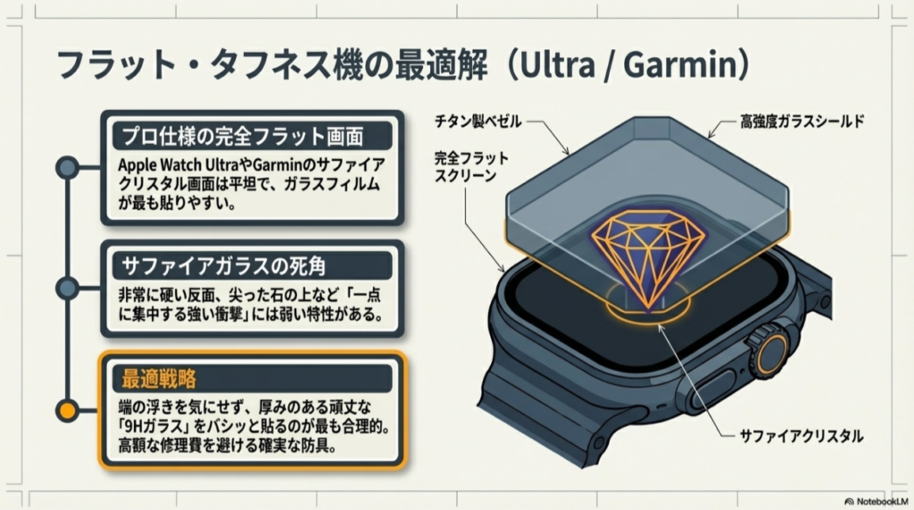 サファイアクリスタルの死角（一点集中衝撃）を解説し、9Hガラスフィルムを貼る合理性を説明する図。