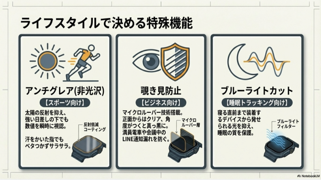 スポーツ向けのアンチグレア、ビジネス向けの覗き見防止、睡眠トラッキング向けのブルーライトカット機能の紹介。