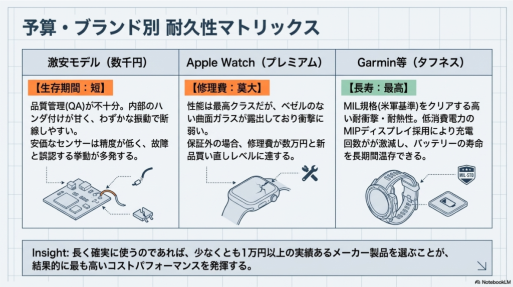 激安モデル（生存期間短）、Apple Watch（修理費高）、Garmin（タフネス最高）の3つのカテゴリーで耐久性とコストパフォーマンスを比較した図。