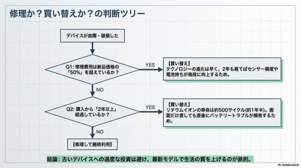 修理費用が新品価格の50%を超えているか、購入から2年以上経過しているかという2つの質問で、修理すべきか買い替えるべきかを判定するフローチャート。