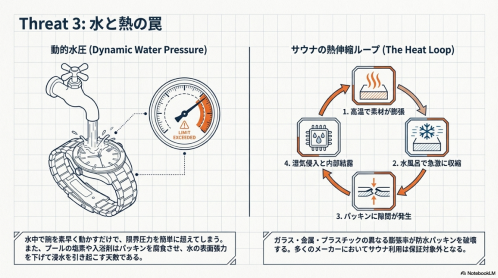 蛇口の水圧が限界を超える図と、サウナと水風呂の往復による「熱伸縮ループ」がパッキンを破壊し内部結露を招くサイクルを示した図。