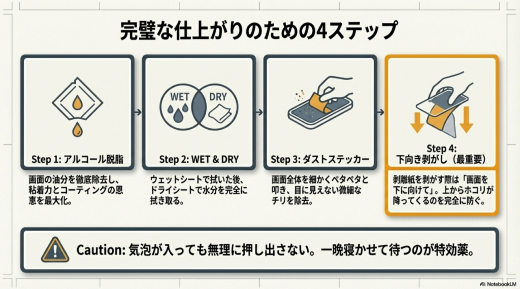 アルコール脱脂、WET&DRY清掃、ダストステッカー、そしてホコリを防ぐ「下向き剥がし」の手順図。