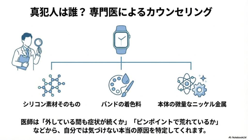 シリコン素材、着色料、ニッケルなど、かぶれの真の原因を専門医が特定するプロセスを示すイラスト。