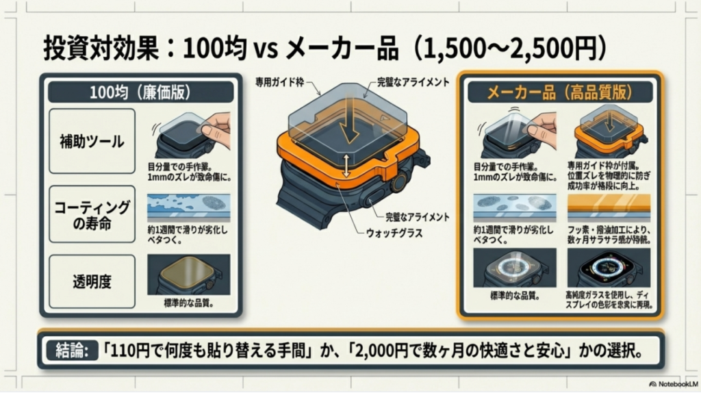 ガイド枠の有無による精度、コーティングの寿命、透明度の違いを比較した画像。