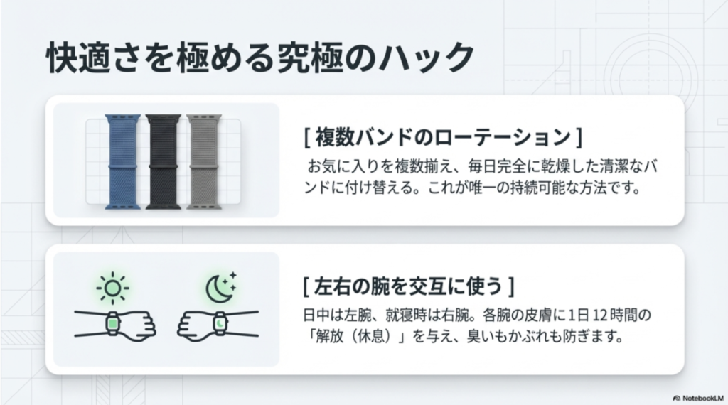 複数バンドのローテーションと、日中・就寝時で左右の腕を入れ替えて皮膚を「解放」させる休息方法の提案。