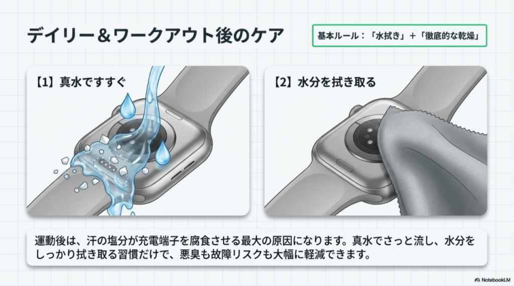 スマートウォッチ本体を真水ですすぎ、布でしっかりと水分を拭き取る手順を示すイラスト。充電端子の腐食を防ぐ重要性を強調。