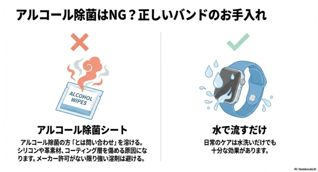 アルコール除菌シートの使用にバツ印（NG）がつき、スマートウォッチを水洗いしているイラスト。