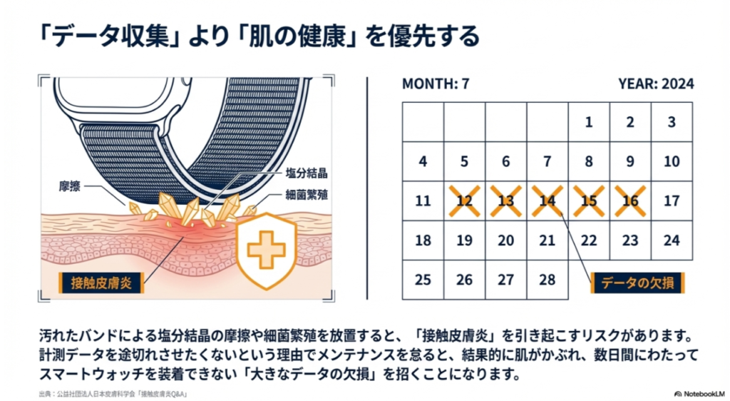 汚れたバンドによる摩擦や細菌が肌のかぶれを招き、結果としてスマートウォッチを装着できずデータ計測が途切れるリスクを警告する図
