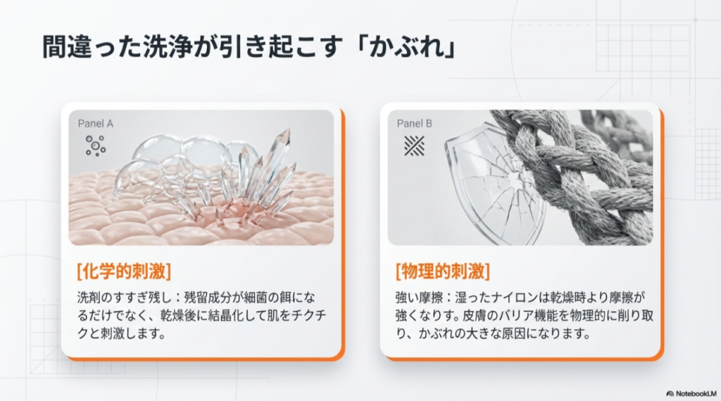 洗剤のすすぎ残しが結晶化して肌を刺激する「化学的刺激」と、湿ったナイロンが皮膚のバリア機能を削り取る「物理的な刺激」を比較したパネル図。
