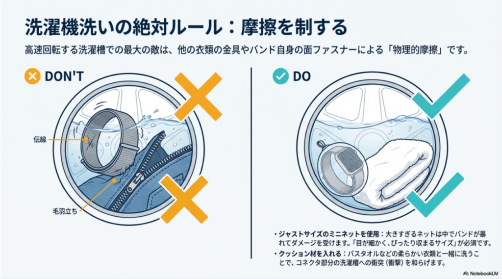 裸で洗うと伝線や毛羽立ちの原因になるが、ミニネットに入れバスタオル等と洗うことでダメージを防げることを示す比較図。