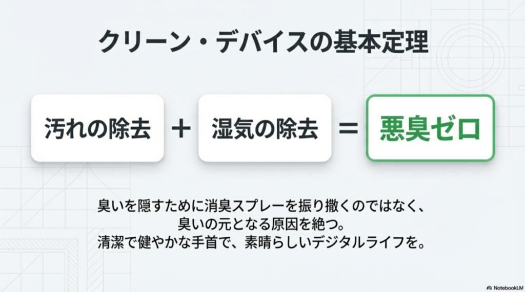「汚れの除去 ＋ 湿気の除去 ＝ 悪臭ゼロ」という基本定理を掲げ、原因を根本から絶つことで健やかな手首を保つことを呼びかけるメッセージ。