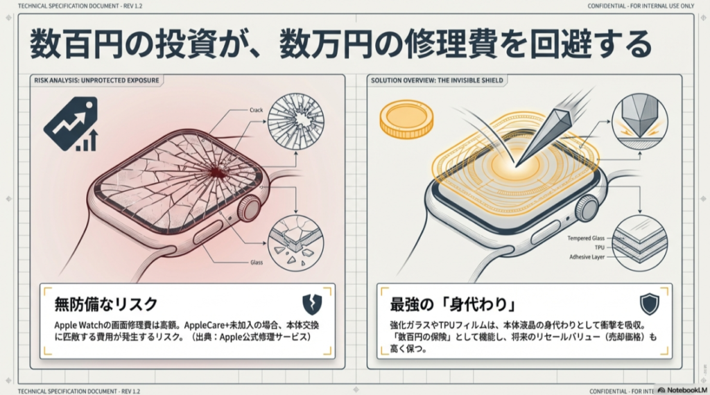 未保護のApple Watchが画面割れした際の高額な修理リスクと、強化ガラスやTPUが衝撃を吸収して本体を守る「身代わり」の仕組みを図解。