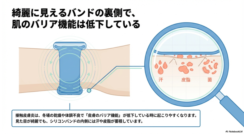手首に装着されたバンドの裏側で、汗、皮脂、菌が蓄積し、皮膚のバリア機能が低下している様子を示すイラスト。