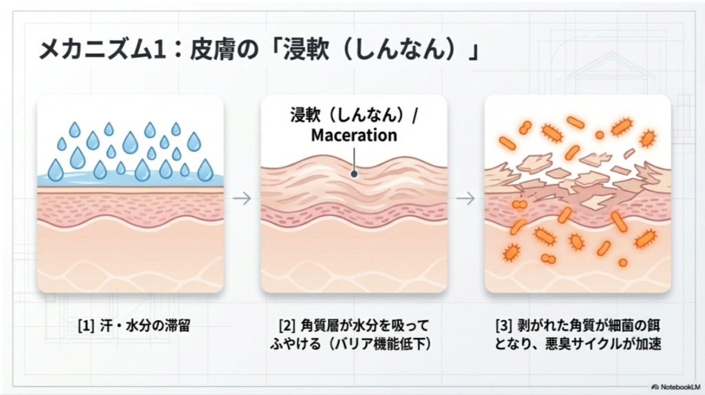 汗や水分の滞留により角質層がふやけてバリア機能が低下し、剥がれた角質が細菌の餌となって悪臭が加速するメカニズムを説明するイラスト。