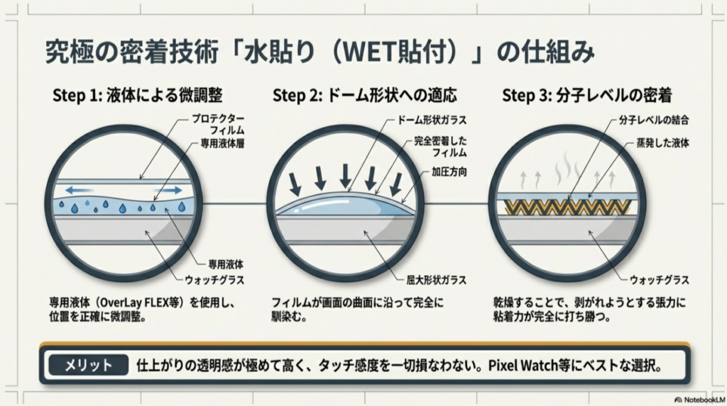 液体を使用した微調整から、ドーム形状への適応、乾燥による分子レベルの密着までのプロセス。