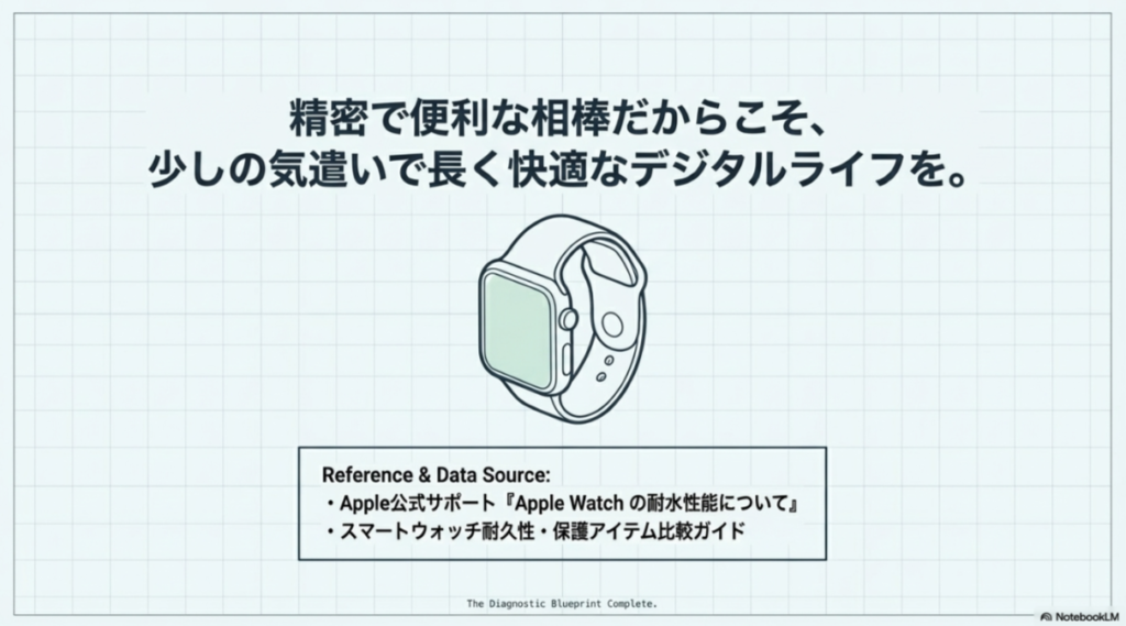 スマートウォッチのイラストとともに、少しの気遣いで快適なデジタルライフを送ることを促すメッセージと、データソースを記したエンディングスライド。