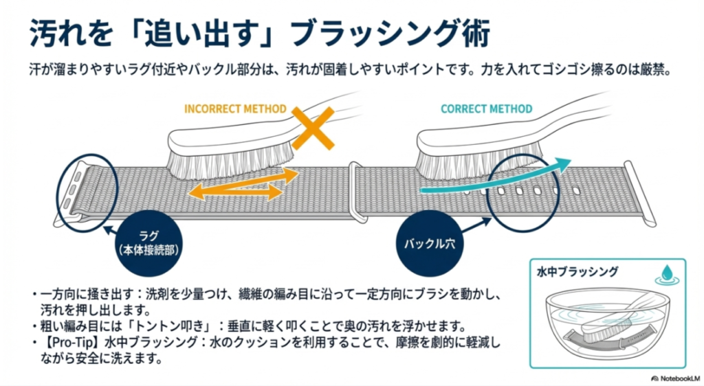 ブラシを往復させず一方向に動かす方法や、水中でブラッシングする「水中ブラッシング」のコツを図解したイラスト。