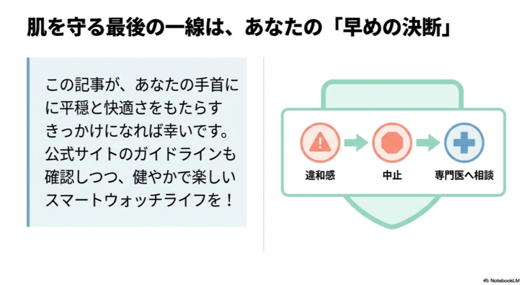 違和感を感じたらすぐに中止し、専門医へ相談するというフローを簡潔に示した図解。