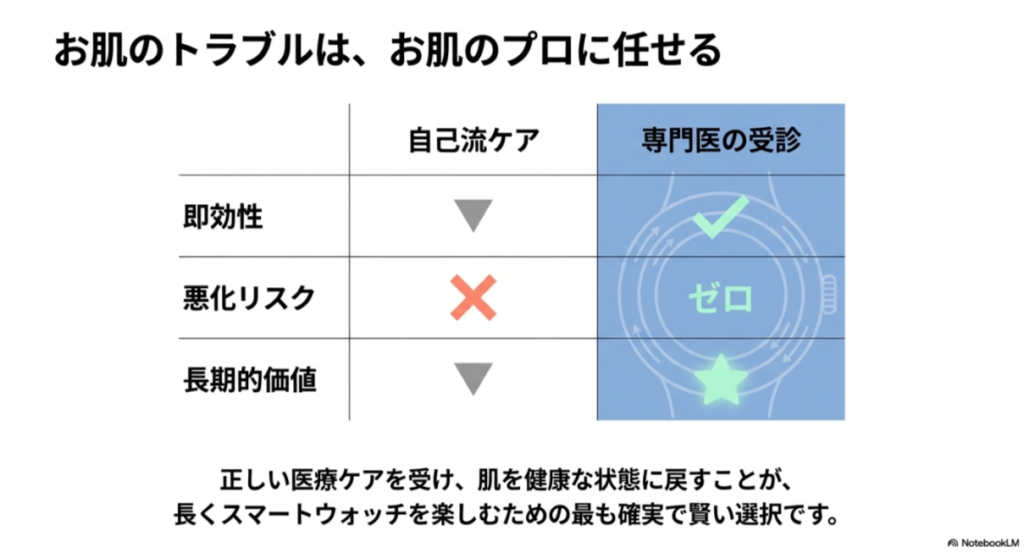 即効性、悪化リスク、長期的価値の3項目で、自己流ケアと専門医の受診を比較した表。専門医受診が全ての面で優れていることを示す。