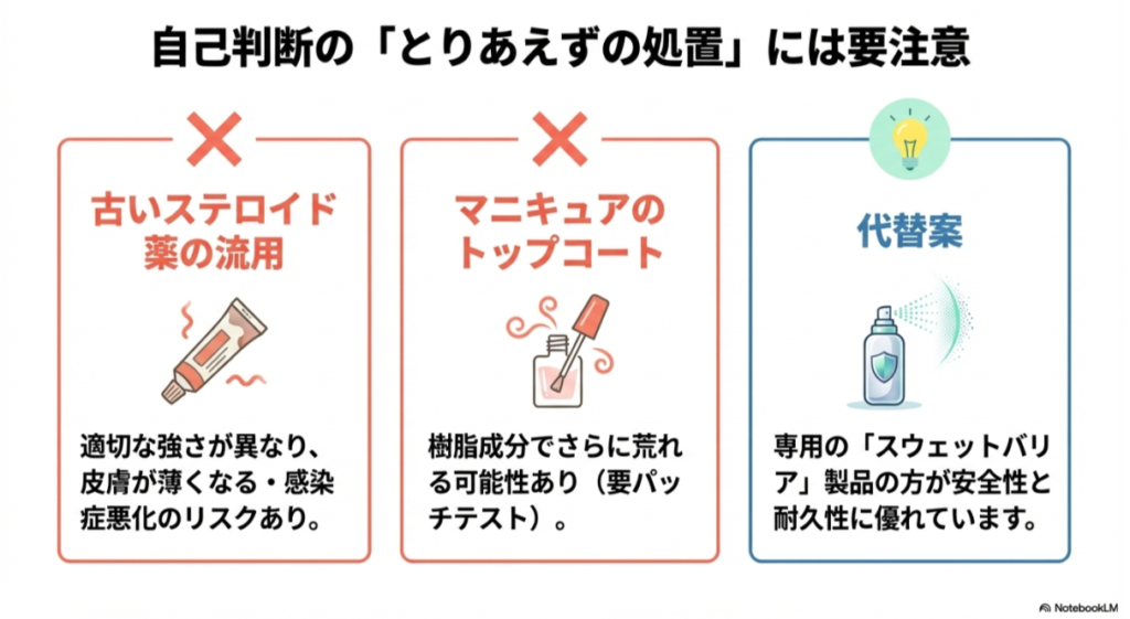 古いステロイド薬やマニキュアの流用にバツ印がつき、専用のスウェットバリア製品を推奨する比較イラスト。