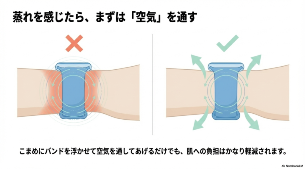 スマートウォッチのバンドを指で浮かせて、肌とバンドの間に空気を通しているイラスト。