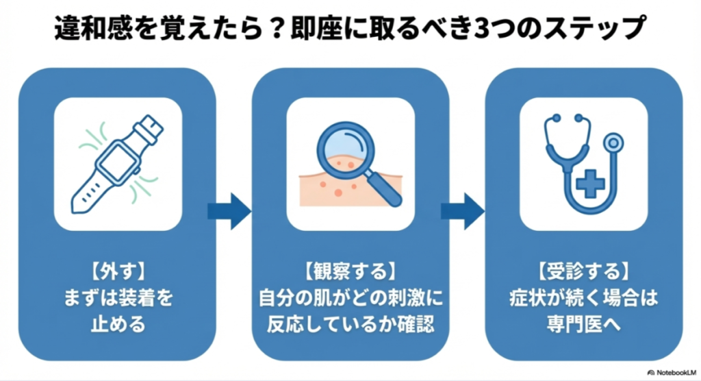 「外す」「観察する」「受診する」という、肌に違和感が出た際に取るべき即座の対応ステップを示す図解。