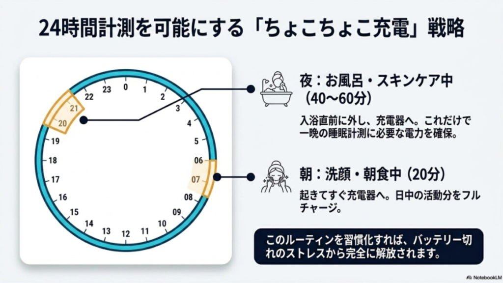 24時間の時計図。夜の入浴中（40〜60分）と朝の準備中（20分）に充電を行うルーティンが示されている。