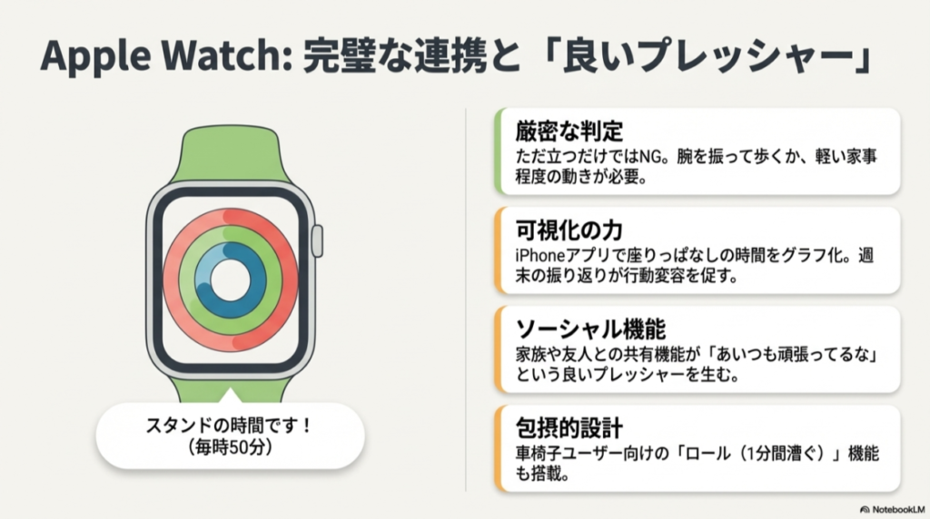 Apple Watchのスタンド機能解説。毎時50分の通知、腕を振る動作が必要な厳密な判定、iPhoneでのグラフ化、友人との共有機能、車椅子ユーザー向け機能などが紹介されている。